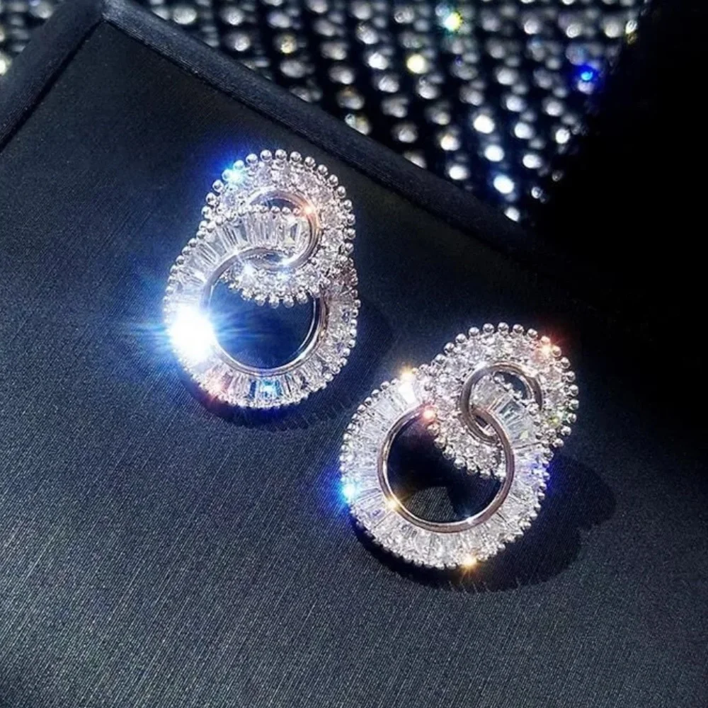 New Silver Round Cute Bling Zircon Stone Stud Earrings - Picture 3 of 6